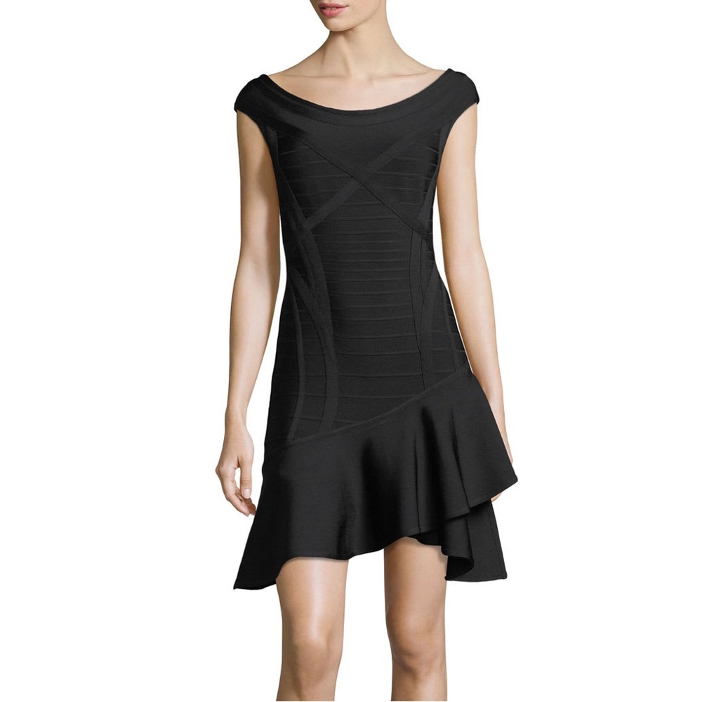 Herve Leger Black Bandage Mini Dress with Ruffle Hem
